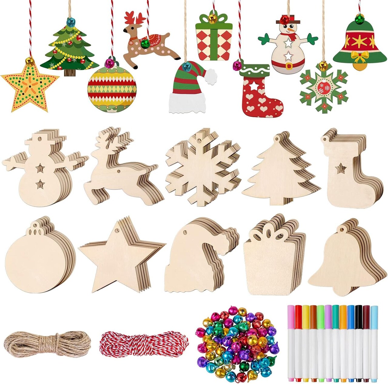 134 PCS DIY Christmas Ornaments for Christmas Trees Unfinished Wooden Christmas Ornaments Set in 10 Shapes Christmas Crafts for Kids Centerpiece Holiday Hanging Ornaments